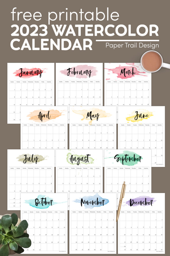 2023 Printable Calendar - Watercolor - Paper Trail Design