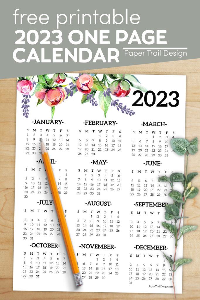 Calendar 2023 Printable One Page - Paper Trail Design