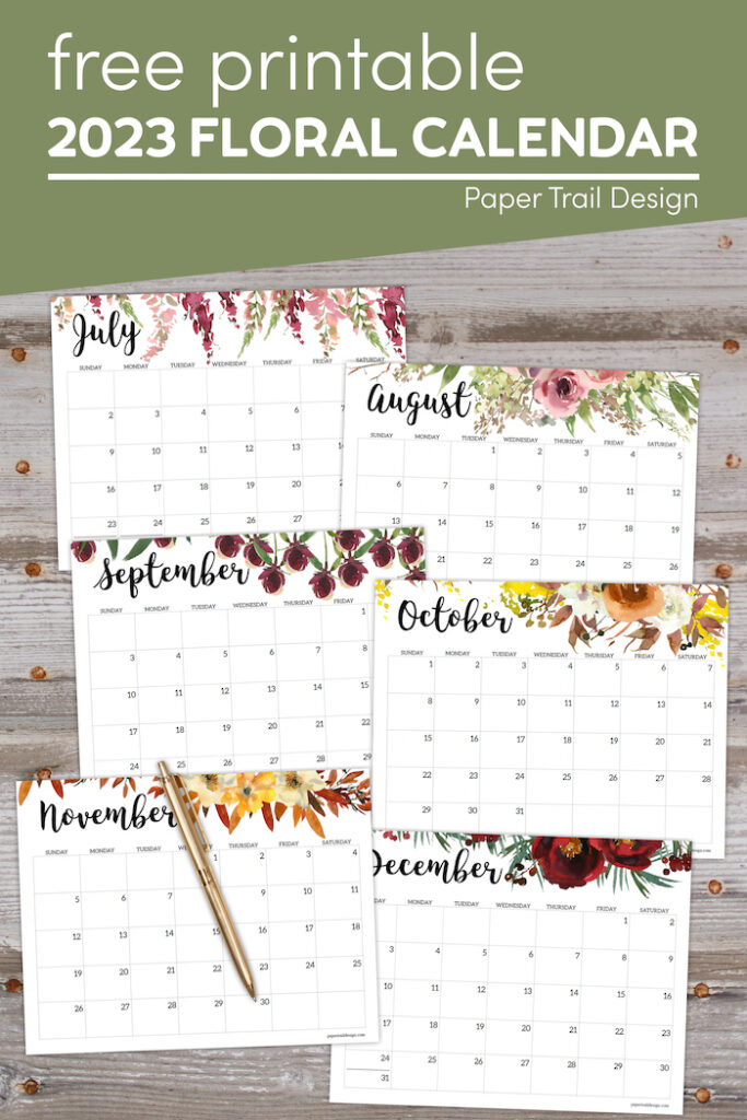 Horizontal Floral Printable Calendar - 2023 - Paper Trail Design