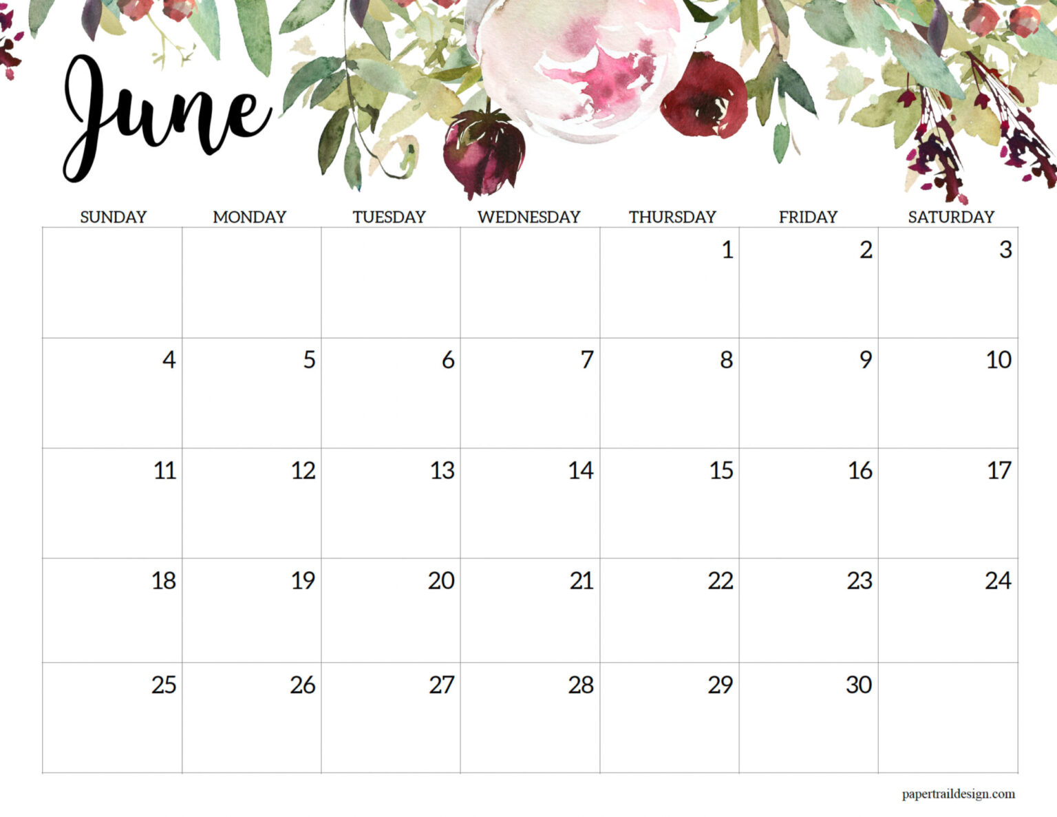 Horizontal Floral Printable Calendar - 2023 - Paper Trail Design