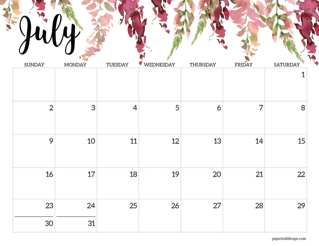 Horizontal Floral Printable Calendar 2023 Paper Trail Design
