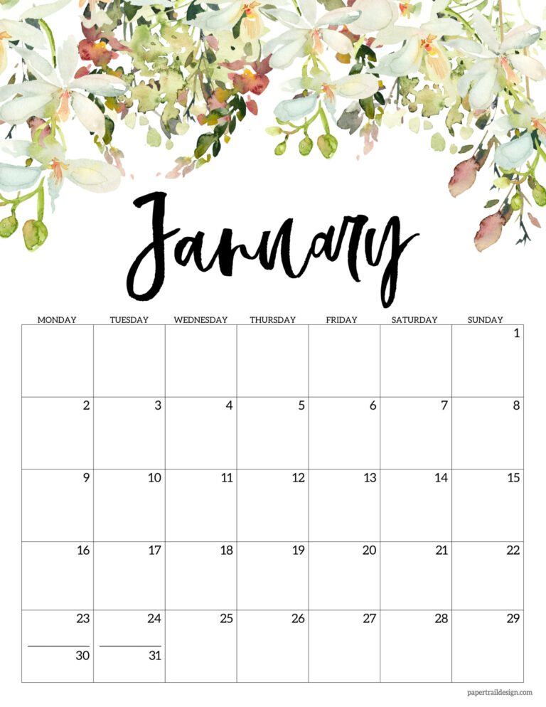 Free Printable 2023 Floral Calendar – Monday Start - Paper Trail Design