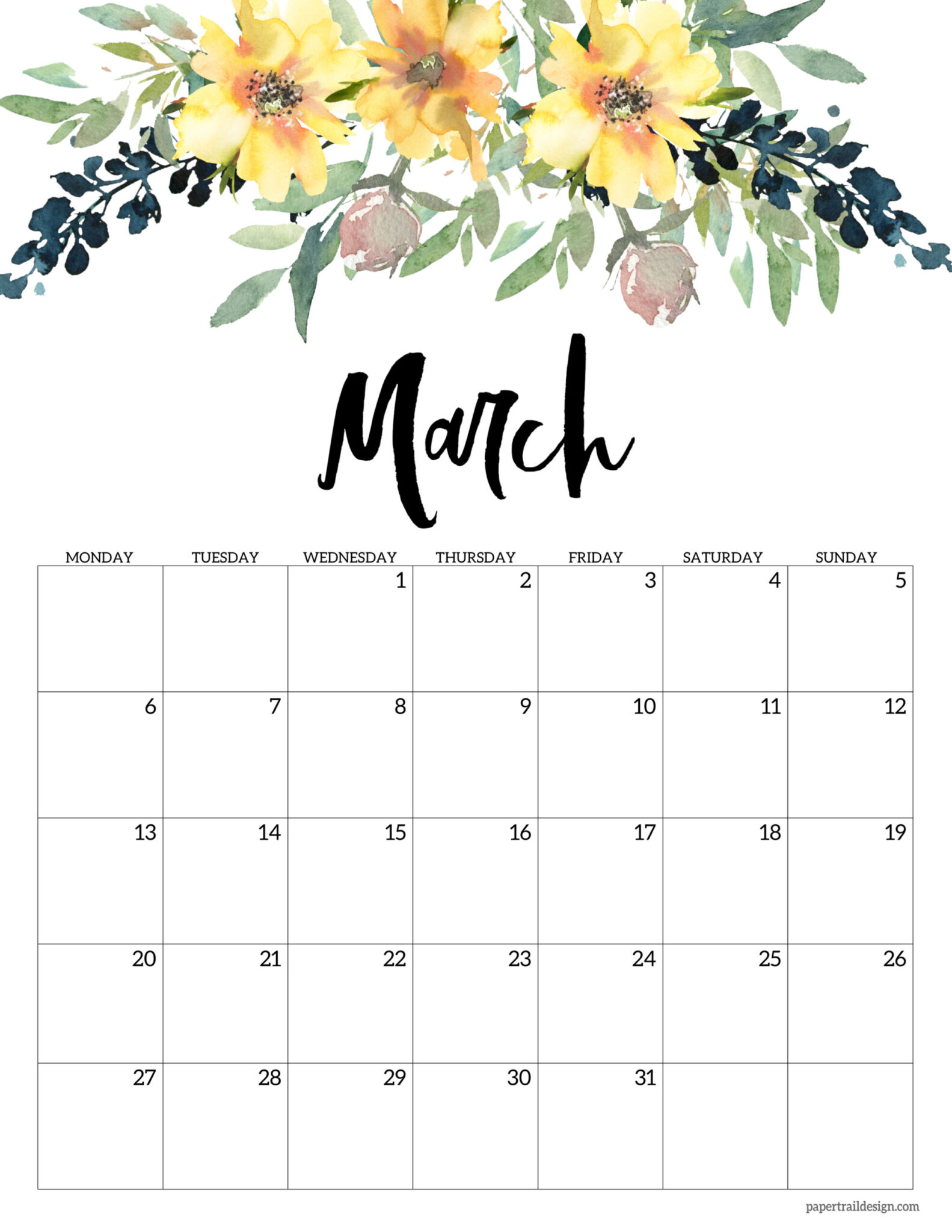 Free Printable 2023 Floral Calendar – Monday Start - Paper Trail Design
