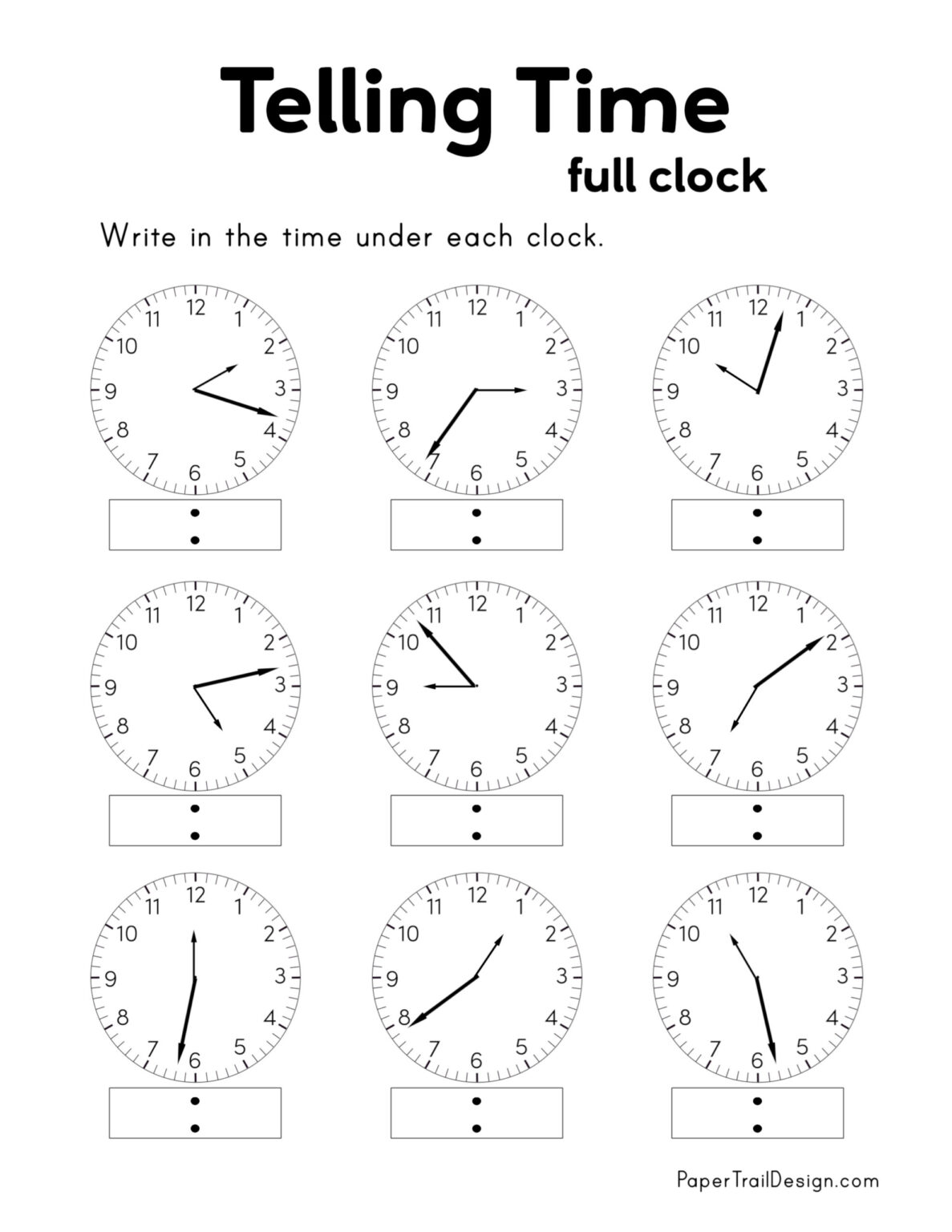 Free Printable Telling Time Worksheets - Paper Trail Design