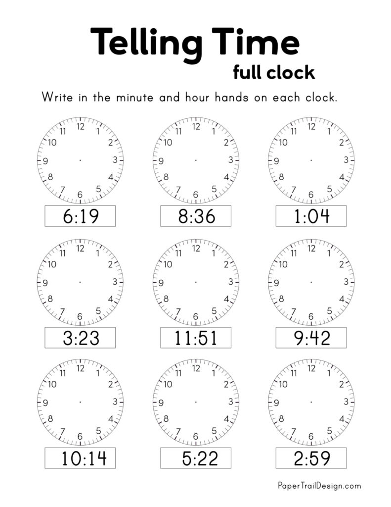 Free Printable Telling Time Worksheets - Paper Trail Design