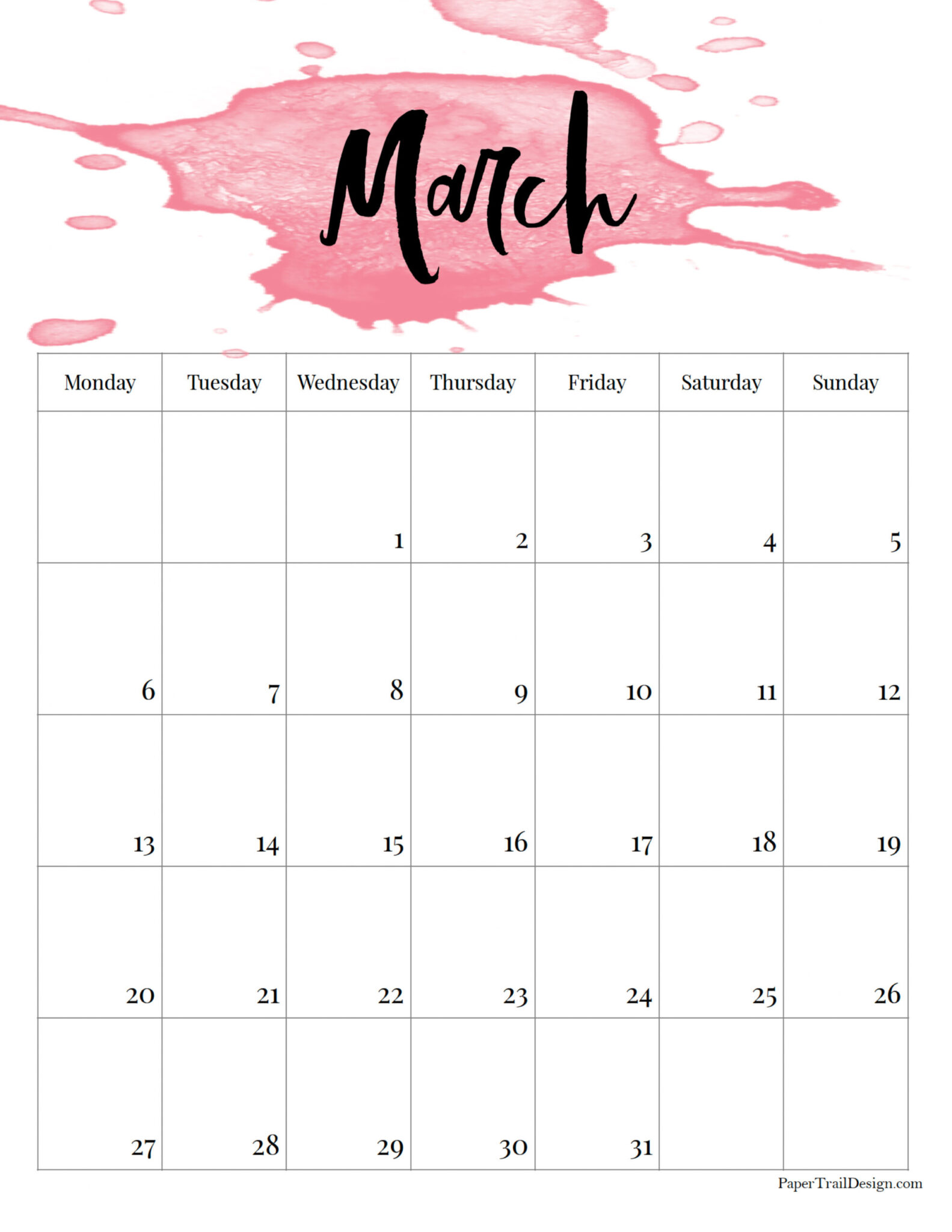 2023 Monday Start Watercolor Calendar Paper Trail Design