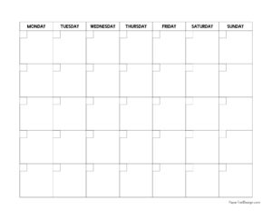 Monday Start Blank Calendar Template - Paper Trail Design