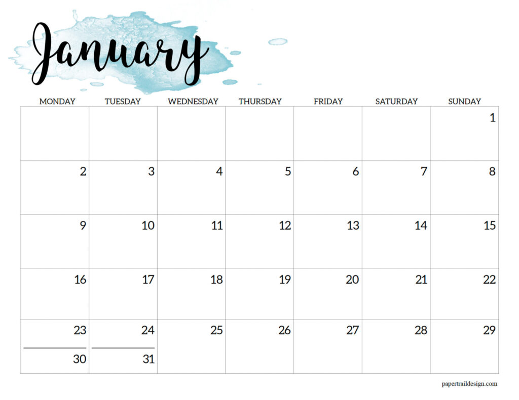 2023 Monday Start Calendar Printable - Watercolor - Paper Trail Design