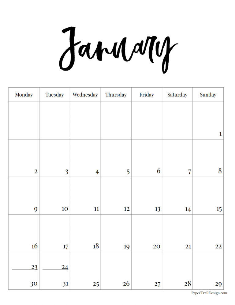 Vertical 2023 Monday Start Calendar - Paper Trail Design