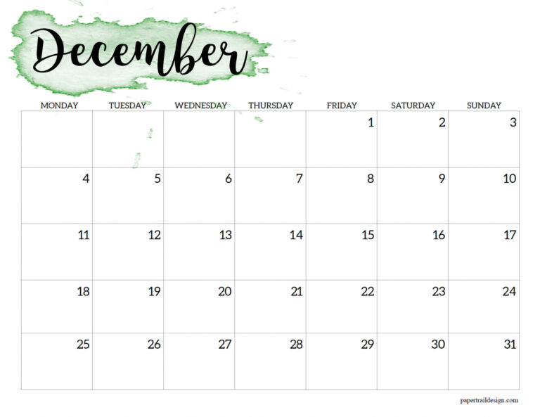 2023 Monday Start Calendar Printable - Watercolor - Paper Trail Design