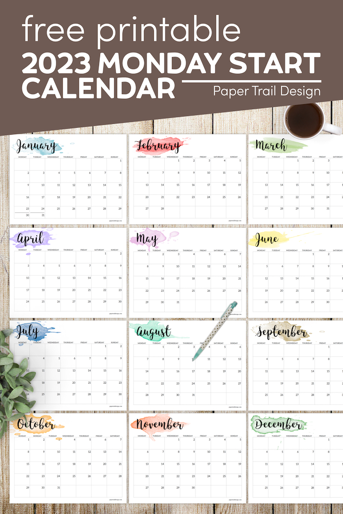 2023 Monday Start Calendar Printable - Watercolor - Paper Trail Design