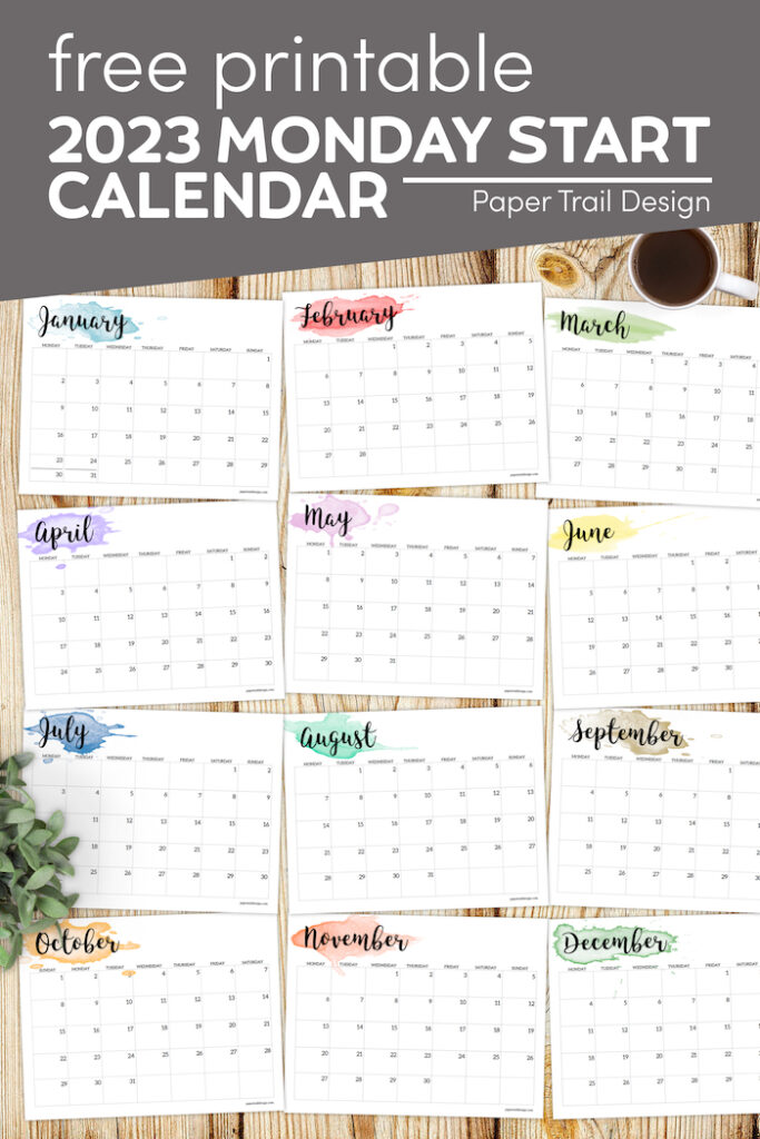 2023 Monday Start Calendar Printable - Watercolor - Paper Trail Design