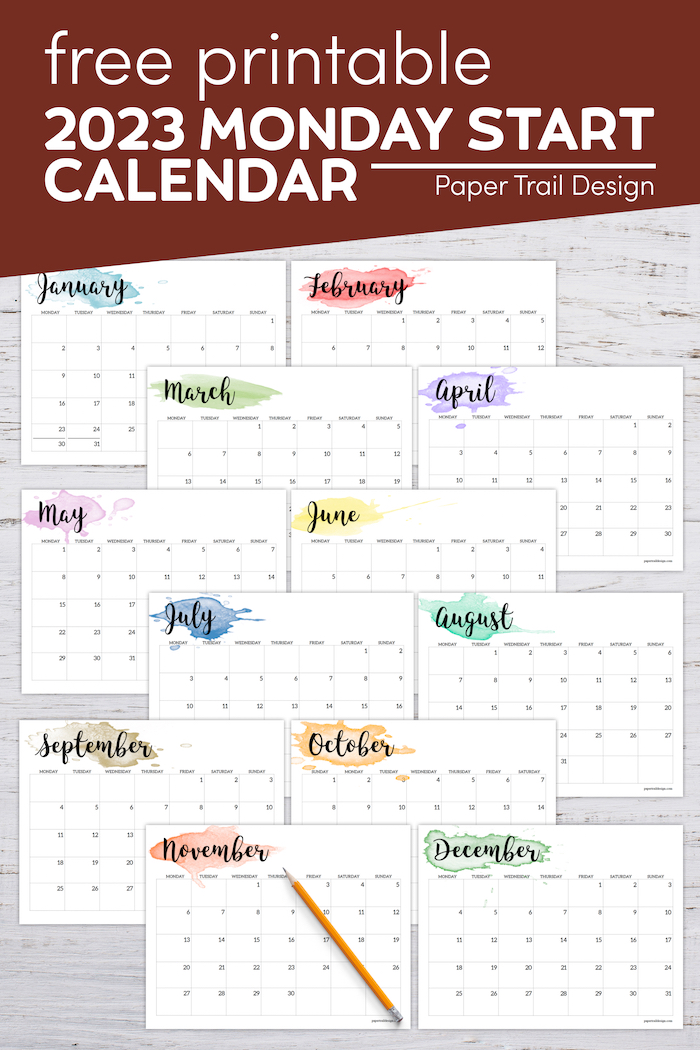 2023 Monday Start Calendar Printable - Watercolor - Paper Trail Design