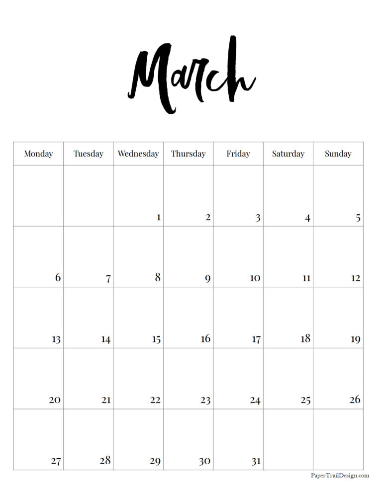 Vertical 2023 Monday Start Calendar - Paper Trail Design