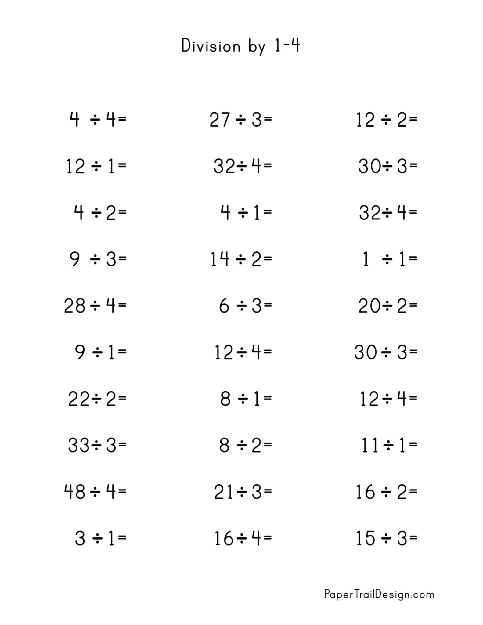 Division Worksheets for Division Facts 1-12 - Paper Trail Design