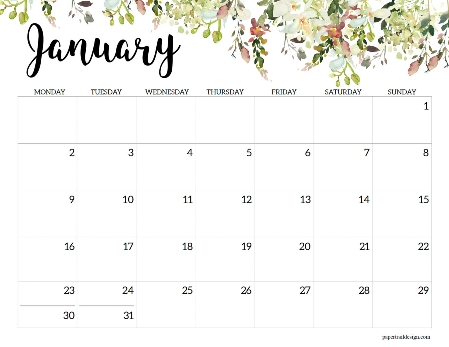 2023 Monday Start Floral Calendar - Paper Trail Design