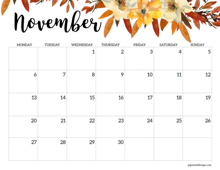 2023 Monday Start Floral Calendar - Paper Trail Design