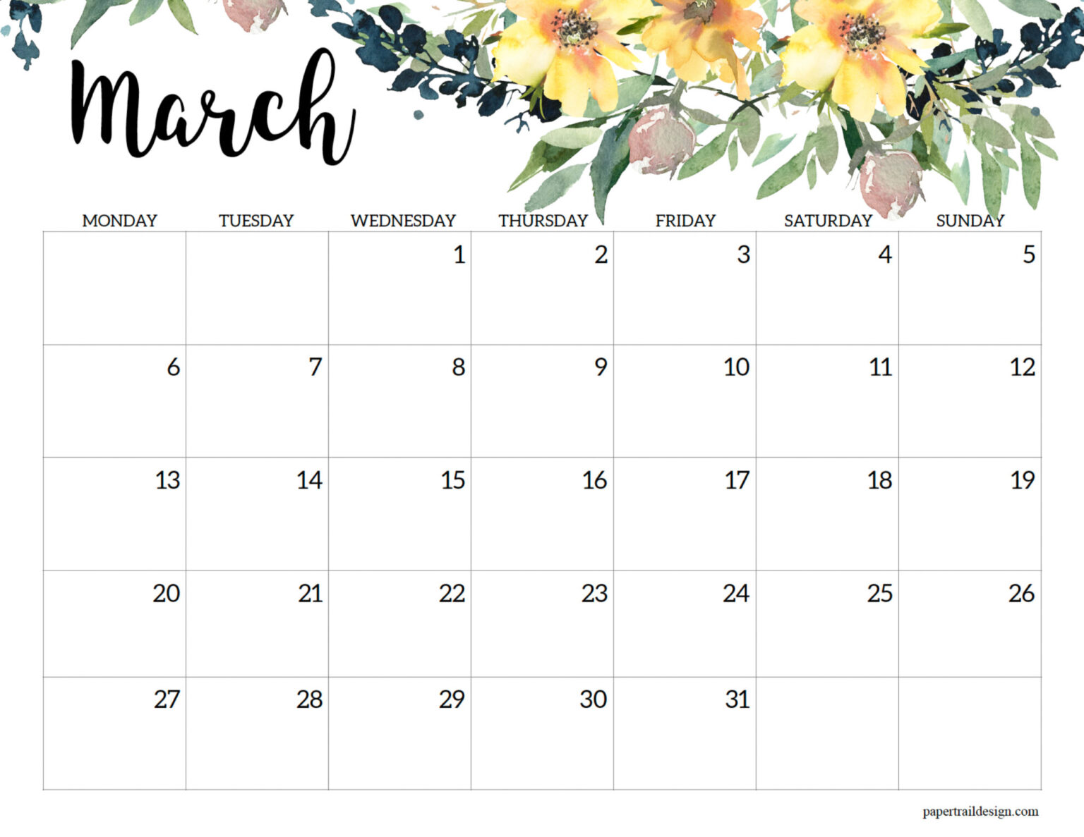 2023 Monday Start Floral Calendar - Paper Trail Design