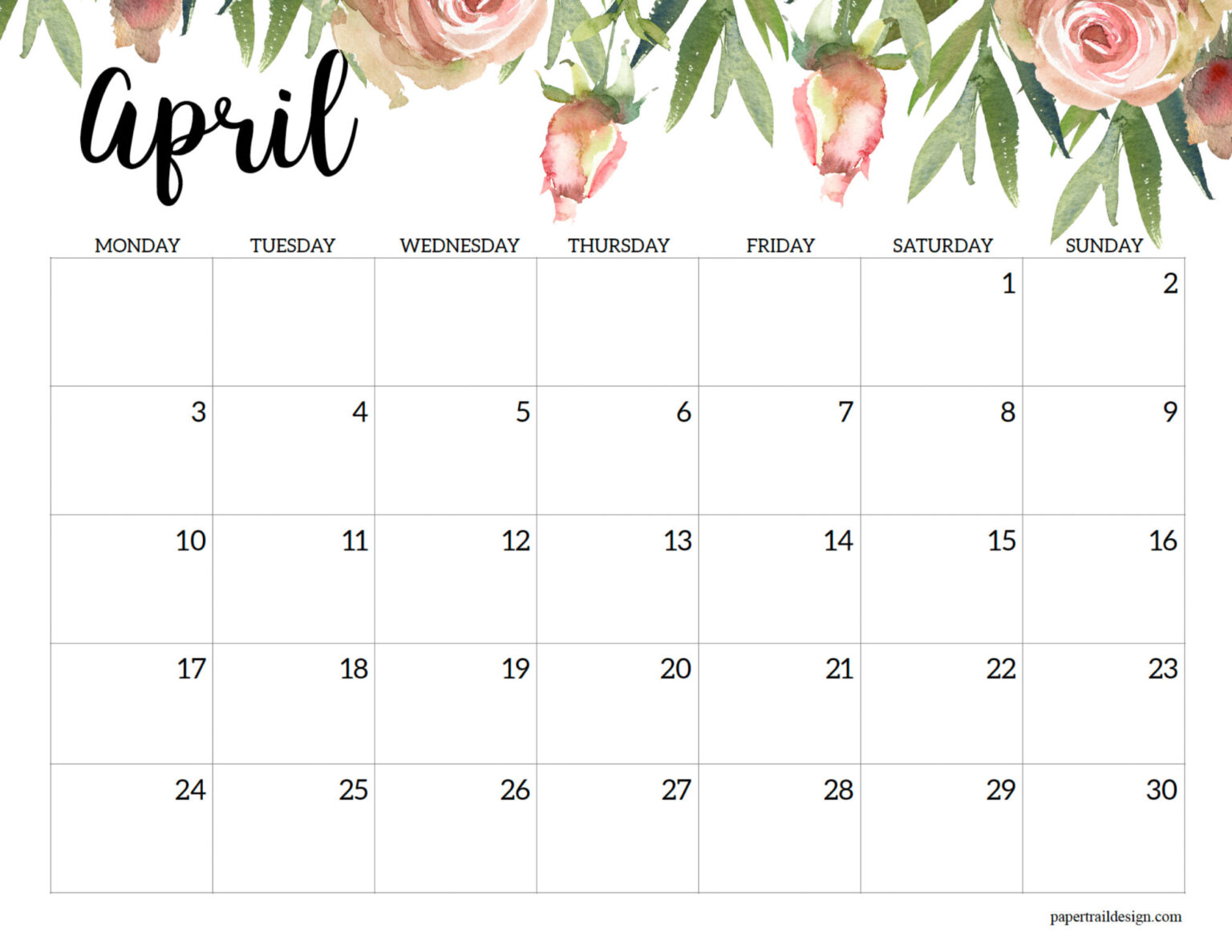 2023 Monday Start Floral Calendar - Paper Trail Design