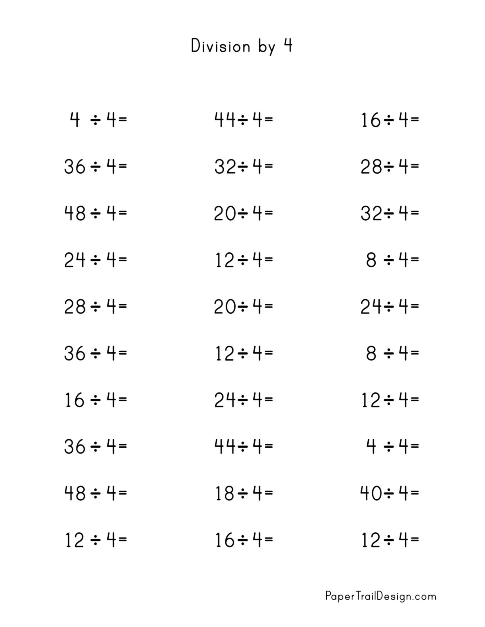 Division Worksheets for Division Facts 1-12 - Paper Trail Design