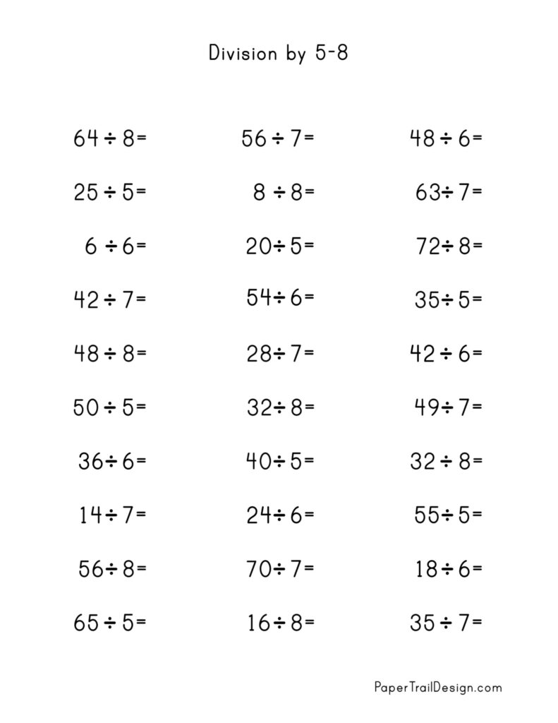 Division Worksheets for Division Facts 1-12 - Paper Trail Design