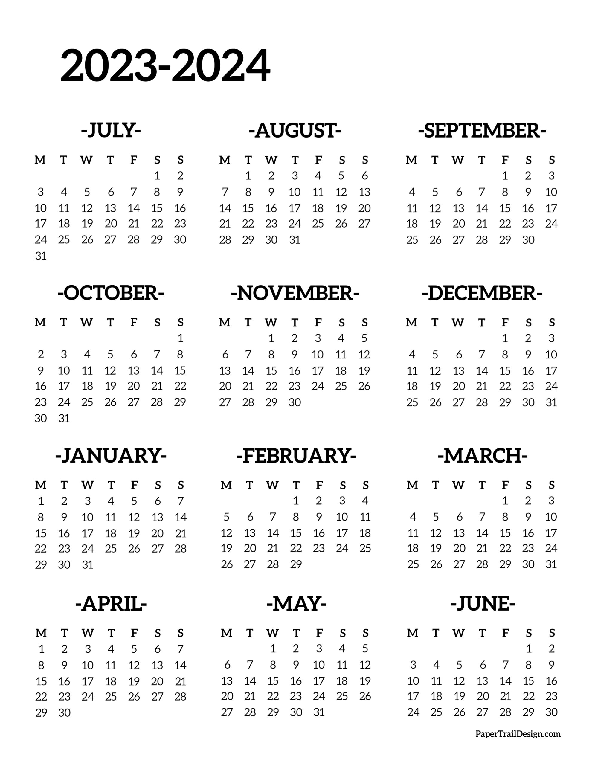2023 2024 School Year Calendar Free Printable Paper Trail Design
