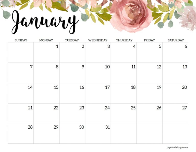 Horizontal Floral Printable Calendar 2024 Paper Trail Design