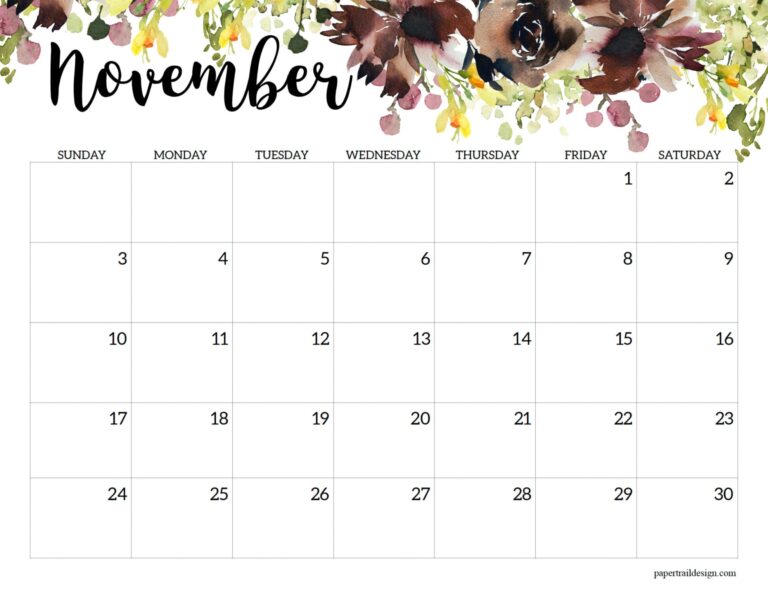 Horizontal Floral Printable Calendar -2024 - Paper Trail Design