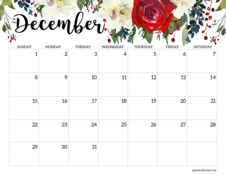 Horizontal Floral Printable Calendar -2024 - Paper Trail Design