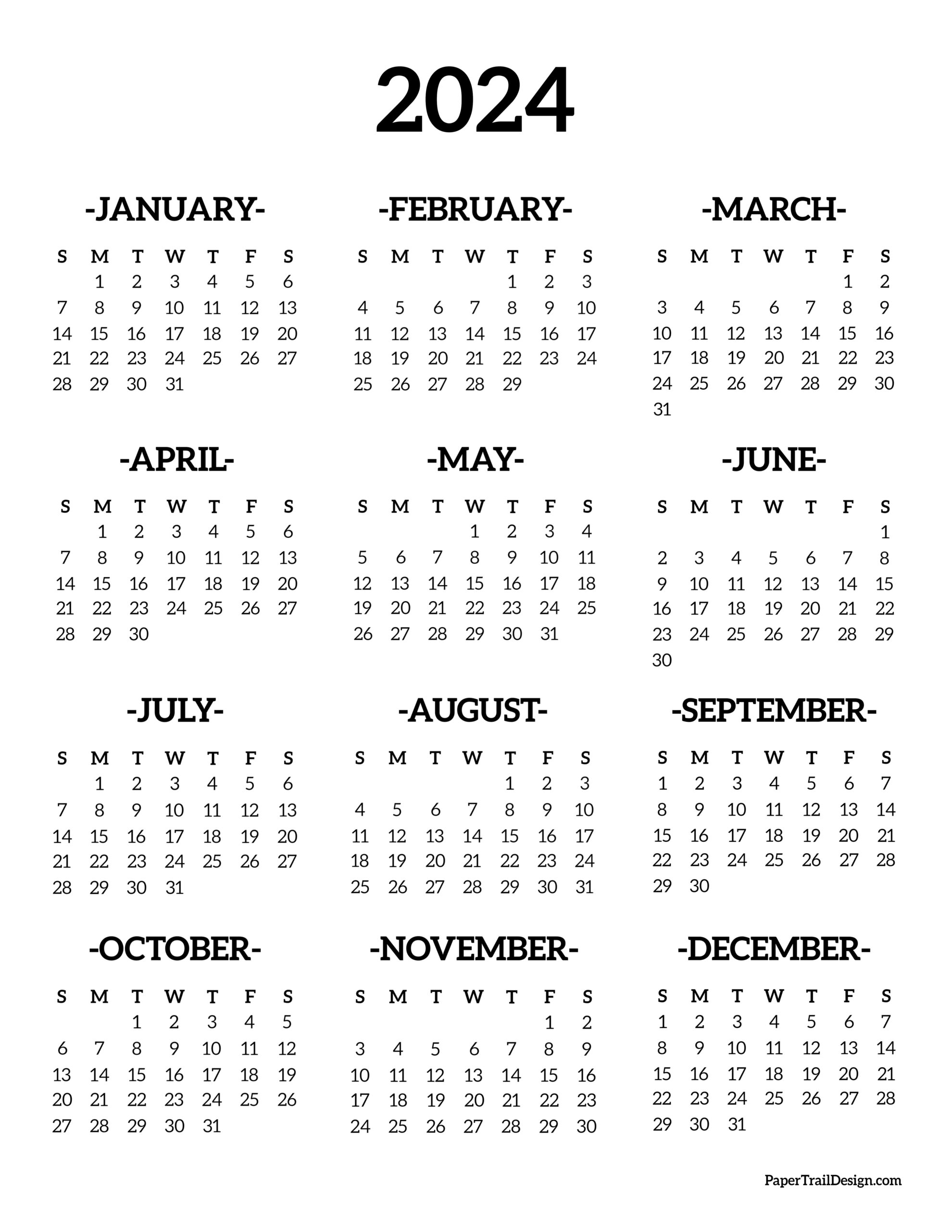 2024 Year At A Glance Calendar Printable Free Downloadable Bonny Christy
