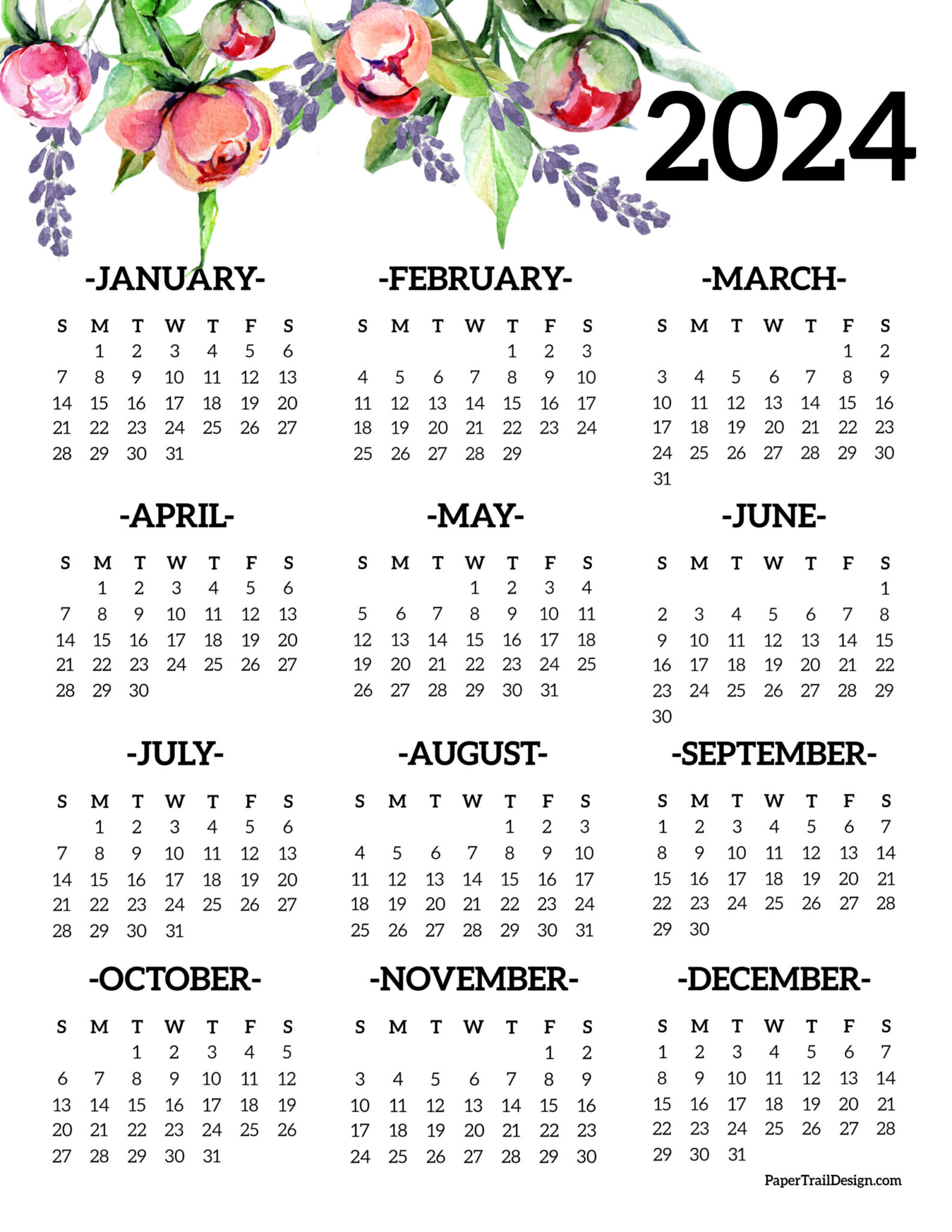 2024 One Page Calendar Floral 1583x2048 