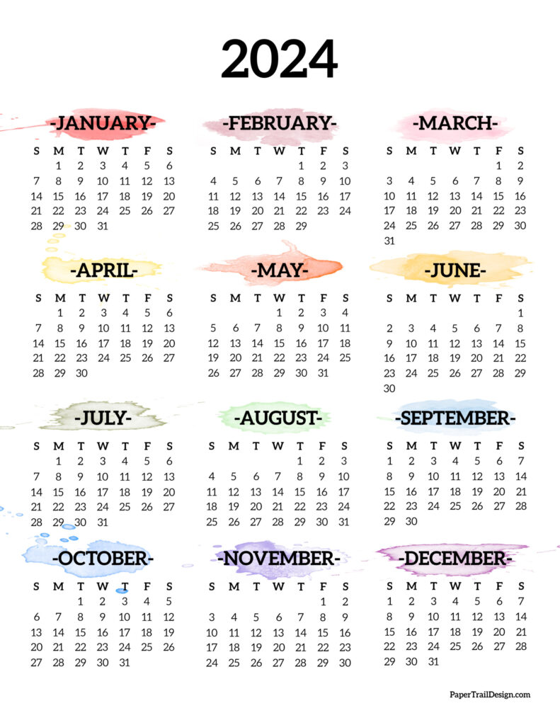 calendar 2024 printable one page paper trail design - 2024 calendar pdf word excel | printable yearly calendar 2024 one page