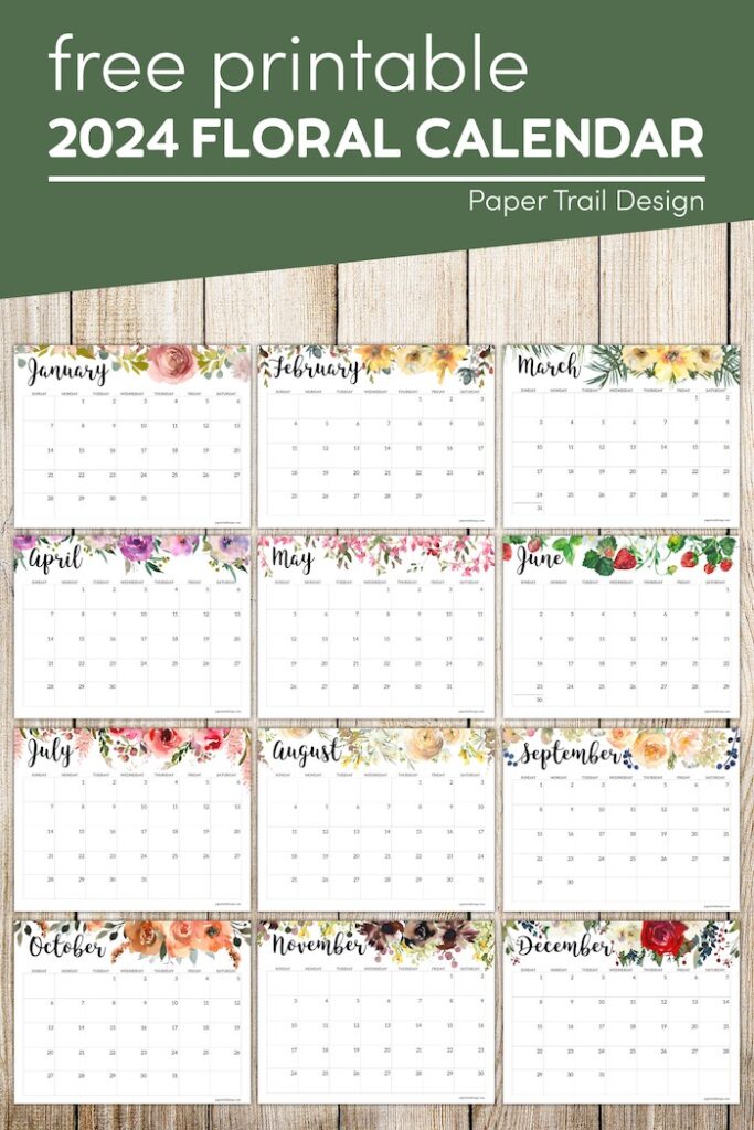 Horizontal Floral Printable Calendar -2024 - Paper Trail Design