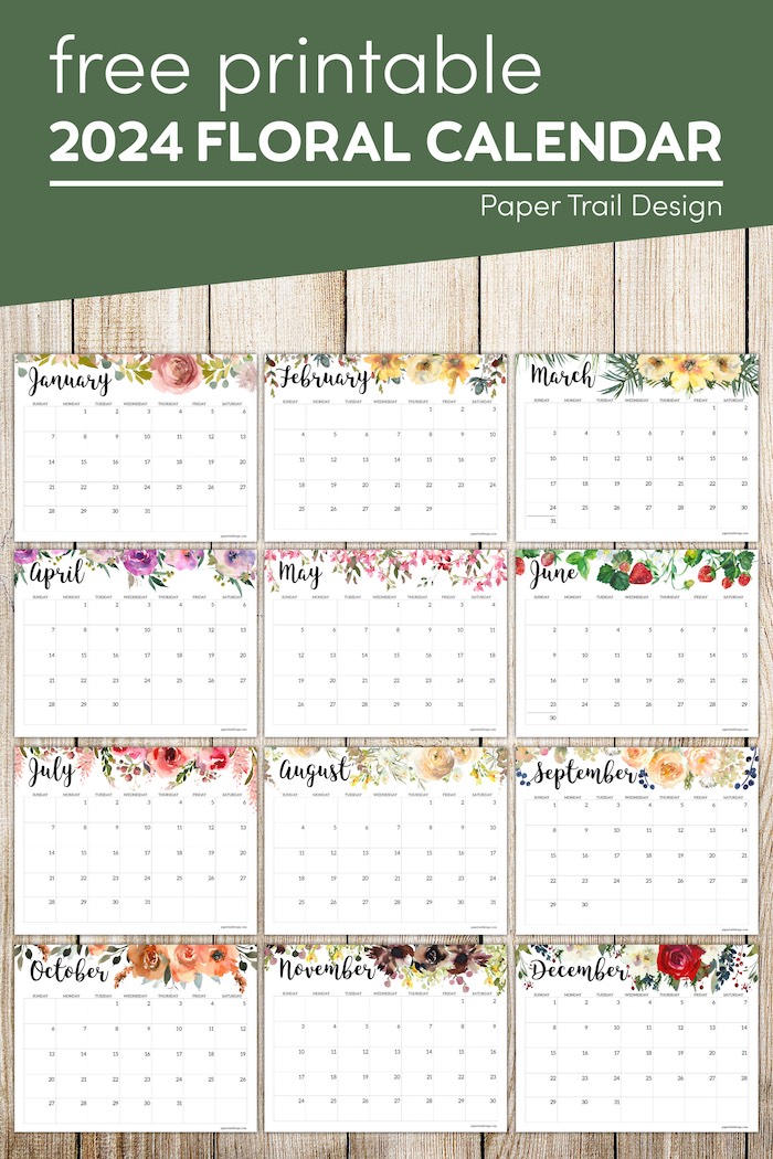 Horizontal Floral Printable Calendar -2024 - Paper Trail Design