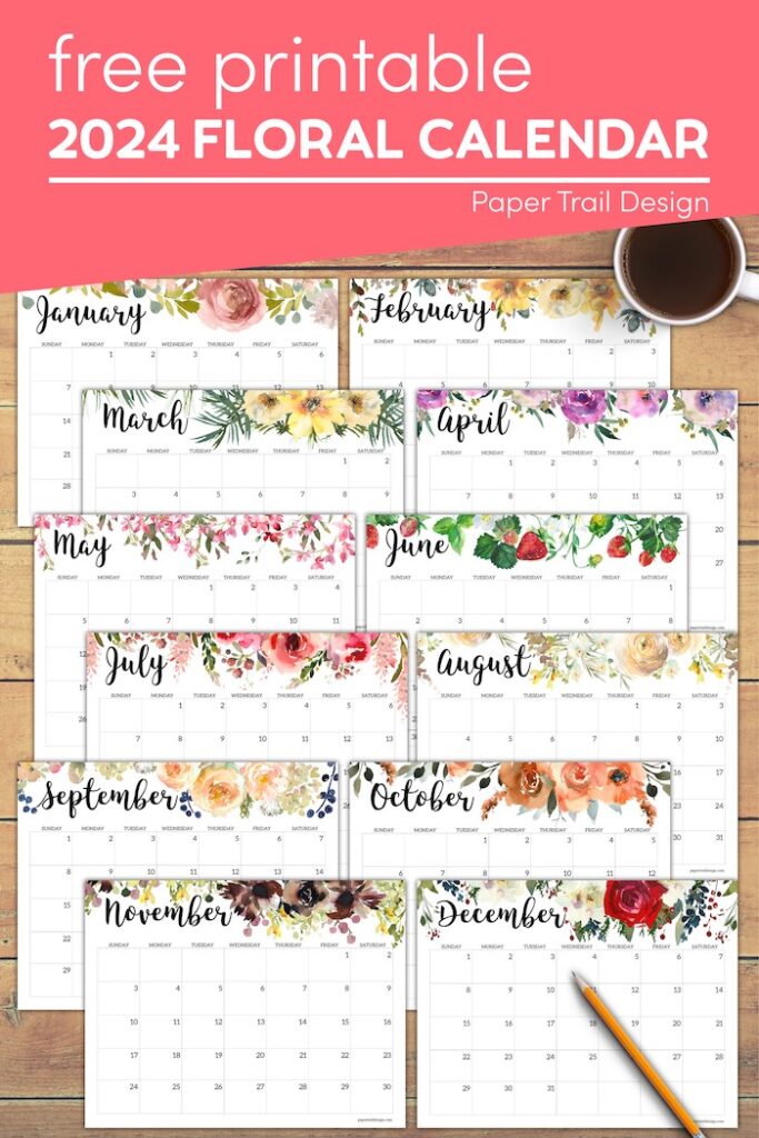 Horizontal Floral Printable Calendar -2024 - Paper Trail Design