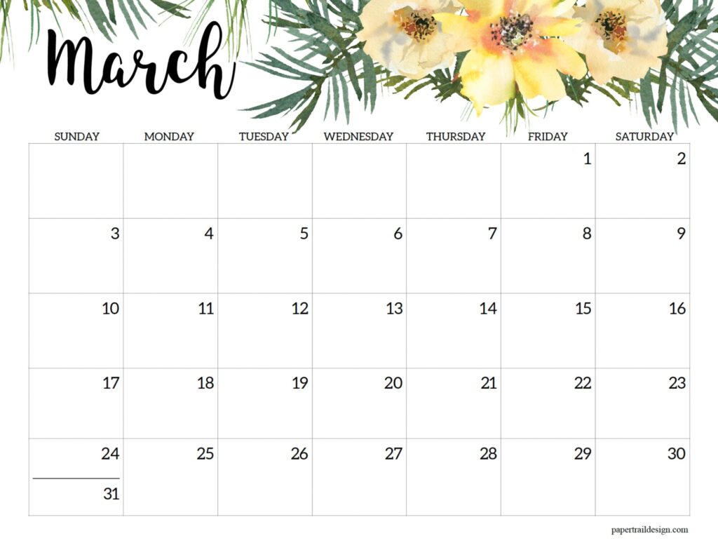 Horizontal Floral Printable Calendar -2024 - Paper Trail Design