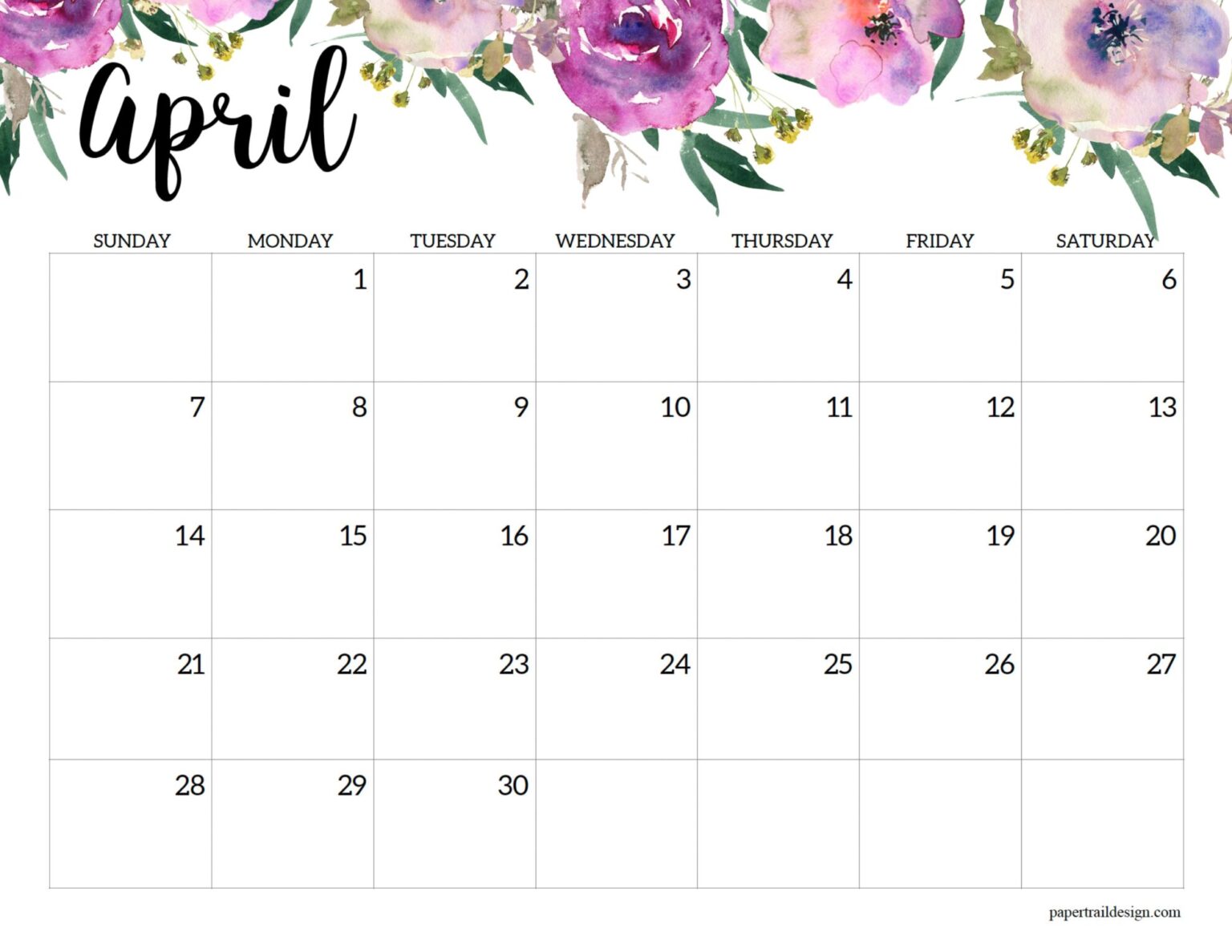 Horizontal Floral Printable Calendar -2024 - Paper Trail Design