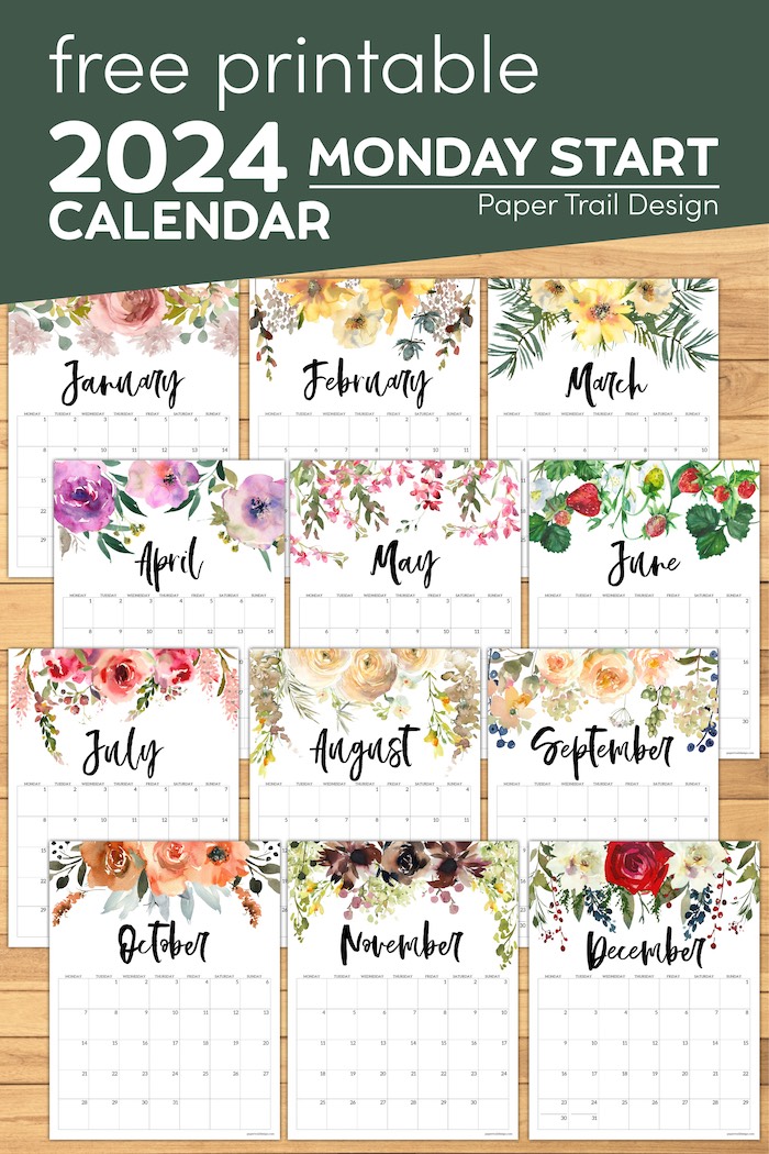 Free Printable 2024 Floral Calendar – Monday Start - Paper Trail Design