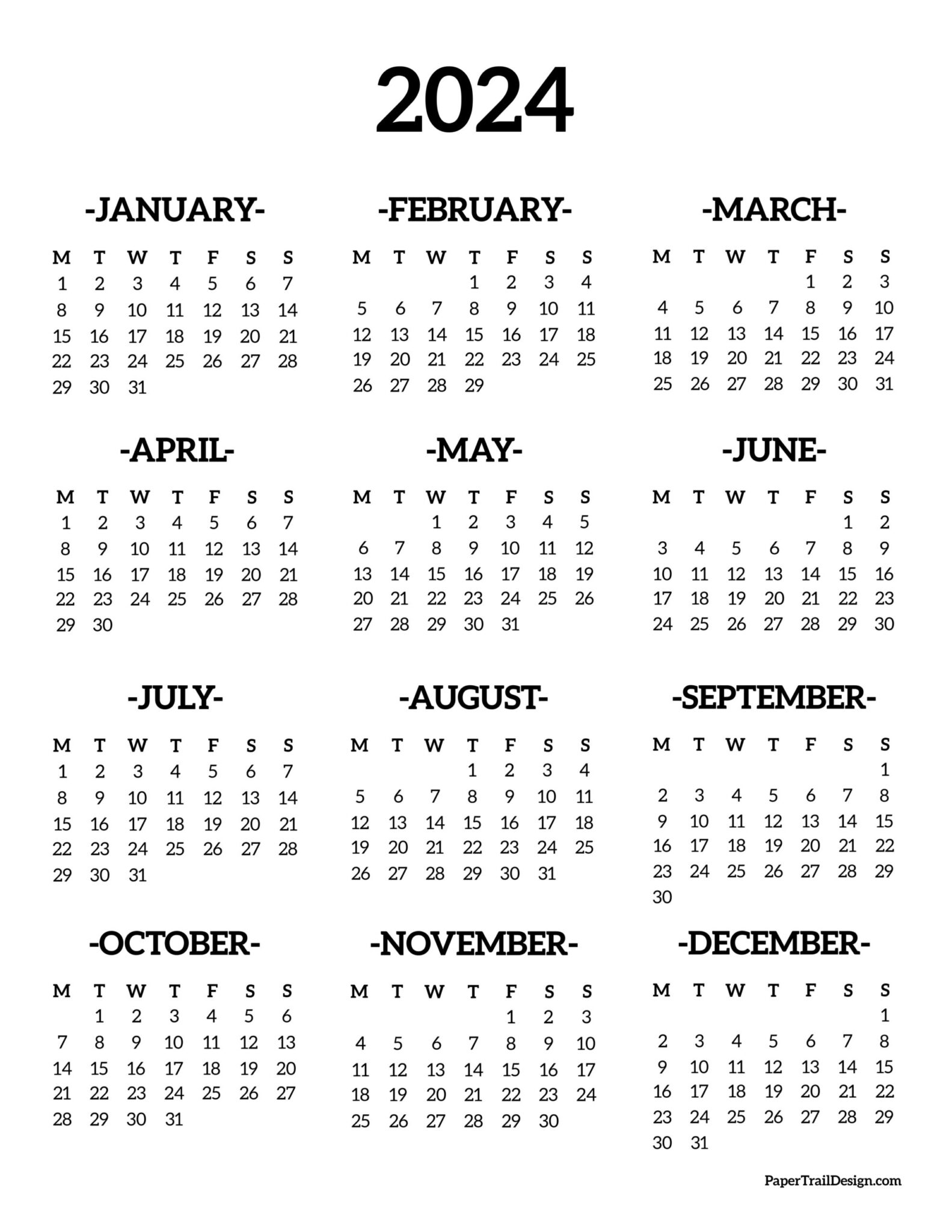 2024 Monday Start Calendar - One Page - Paper Trail Design