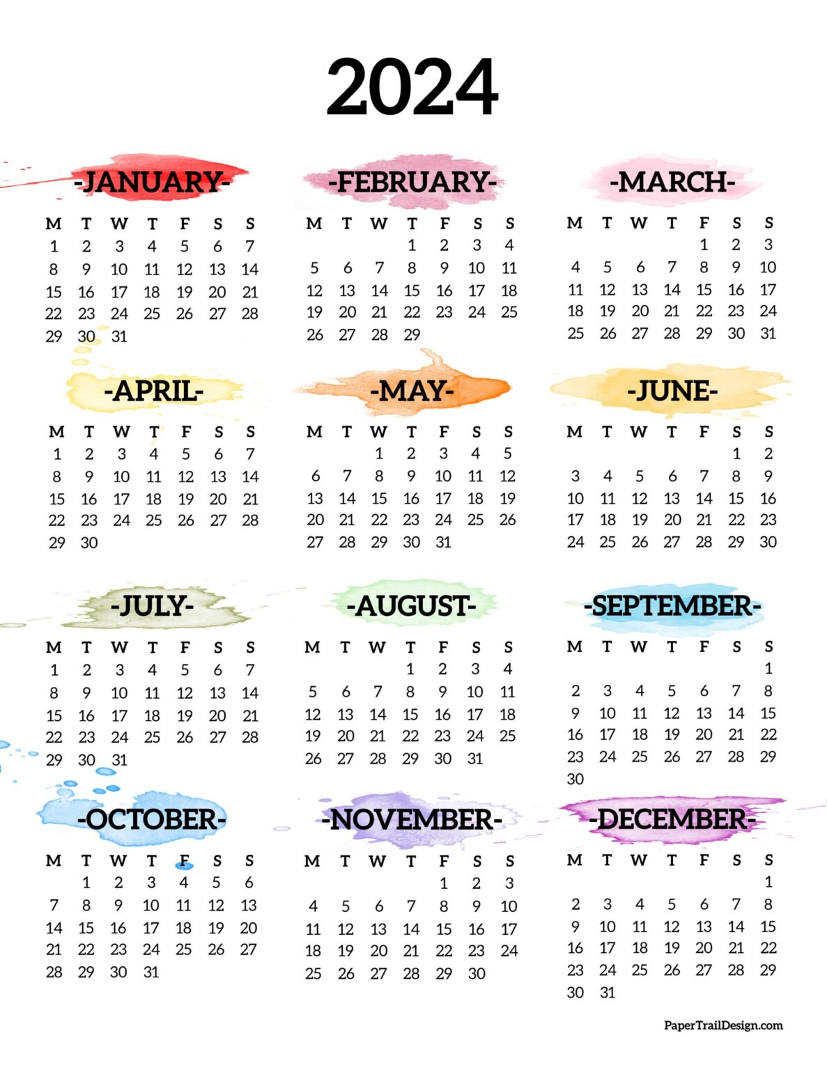 2024 Monday Start Calendar - One Page - Paper Trail Design