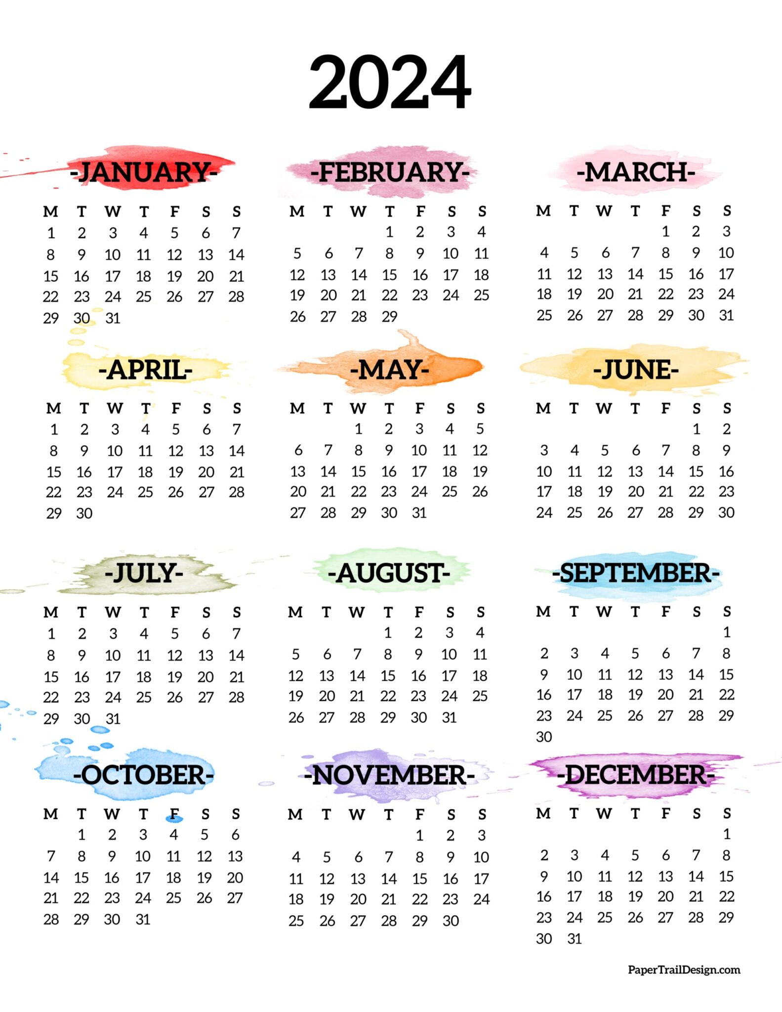 2024 Monday Start Calendar One Page Paper Trail Design