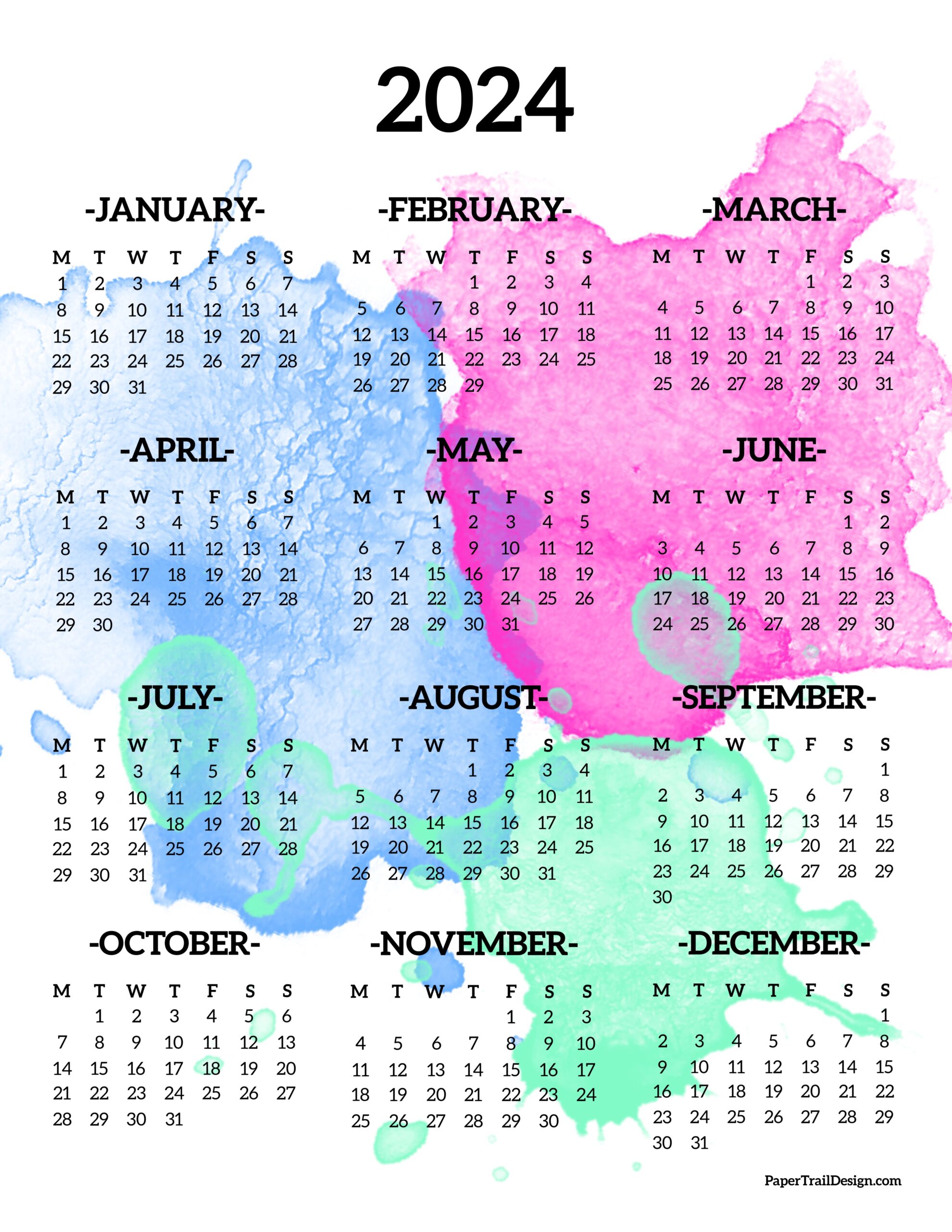 Calendar 2024 Printable One Page - Paper Trail Design
