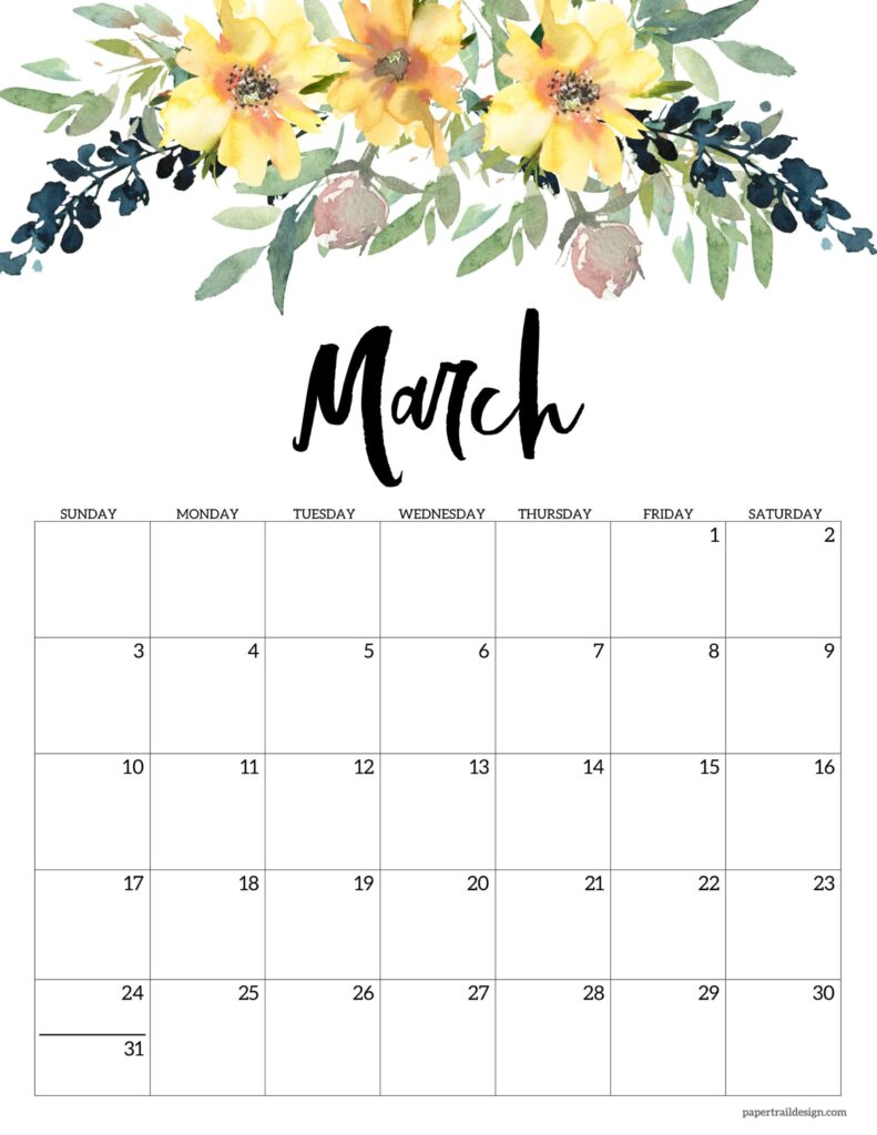 Floral Calendar Printable - 2024 - Paper Trail Design