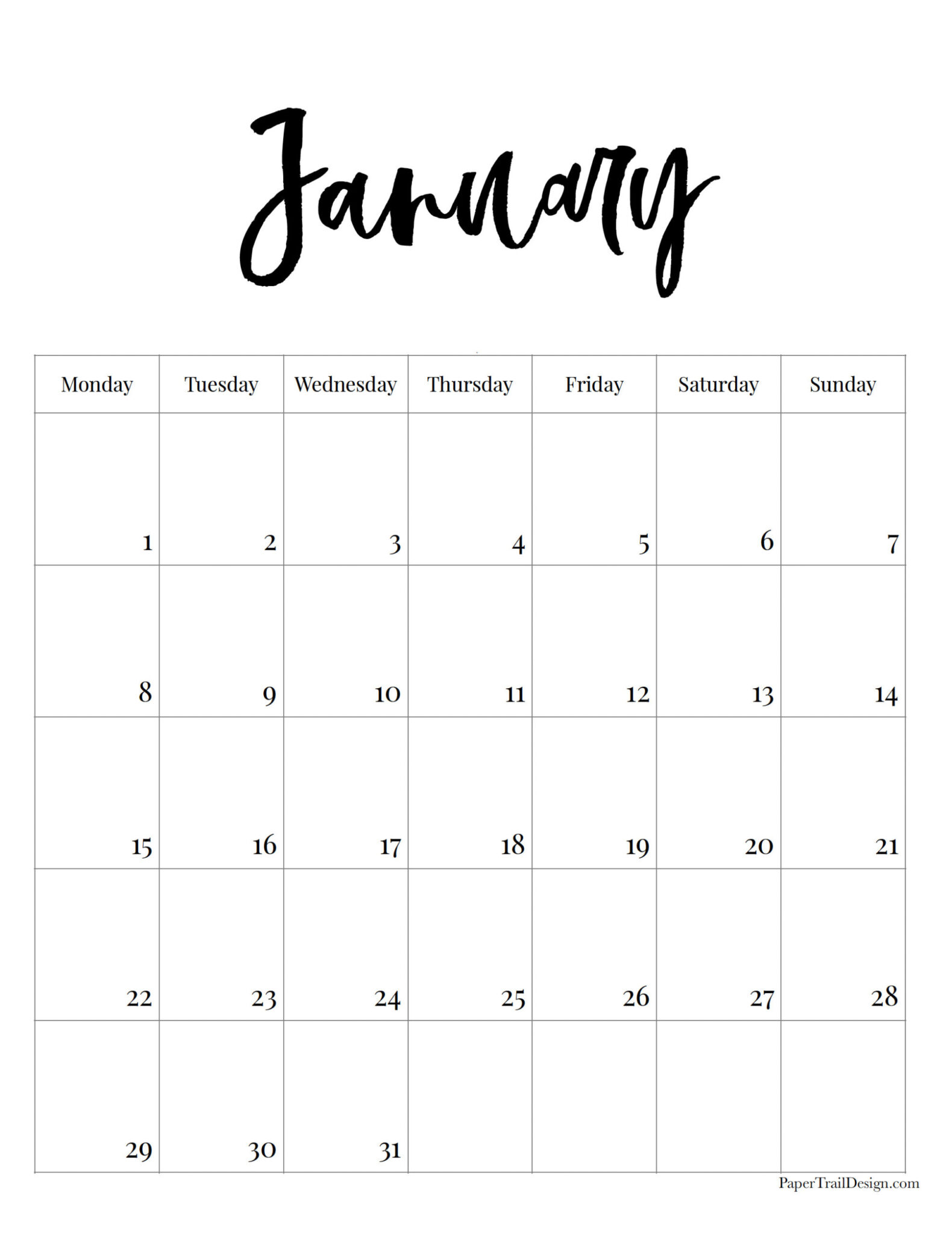 Vertical 2024 Monday Start Calendar - Paper Trail Design