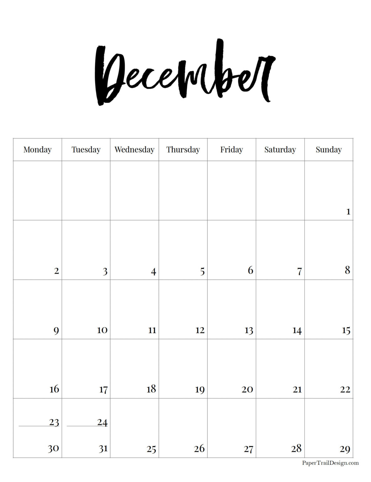 Vertical 2024 Monday Start Calendar - Paper Trail Design