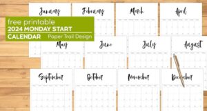 Vertical 2024 Monday Start Calendar - Paper Trail Design