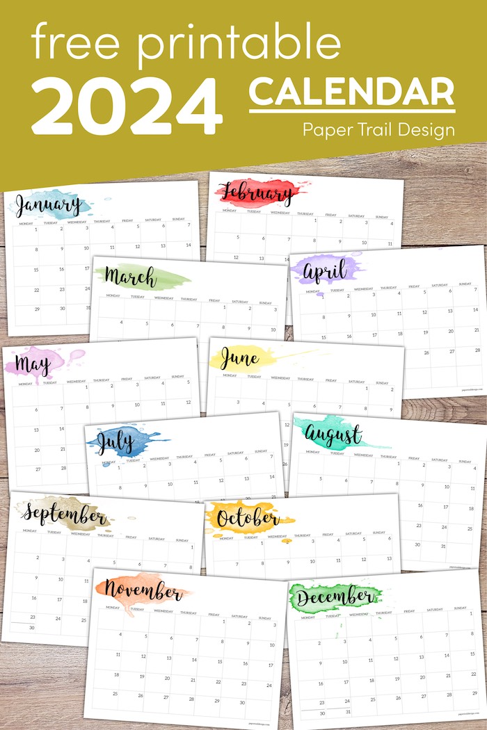 2024 Monday Start Calendar Printable - Watercolor - Paper Trail Design
