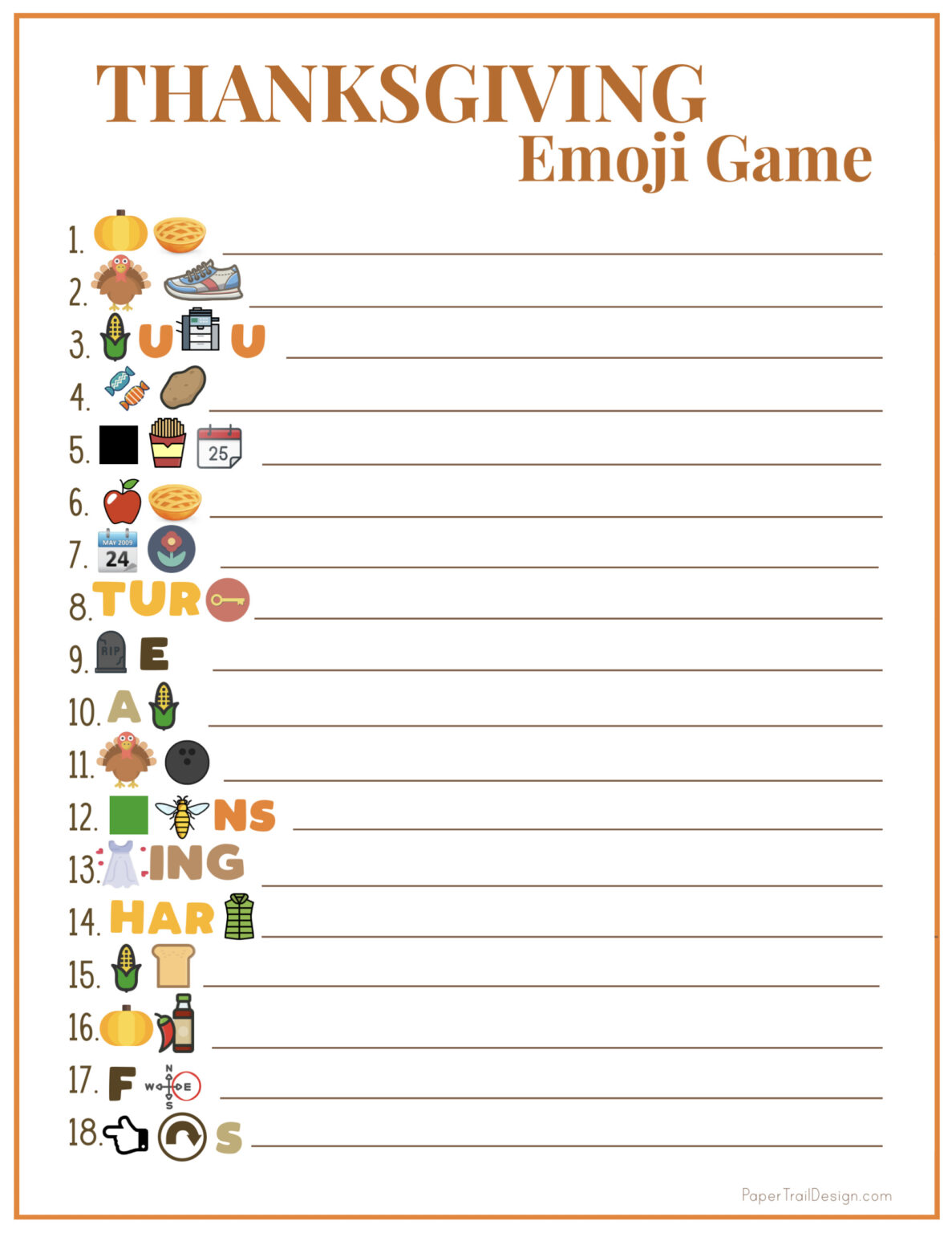 Thanksgiving Emoji Pictionary with Answers - Paper Trail Design