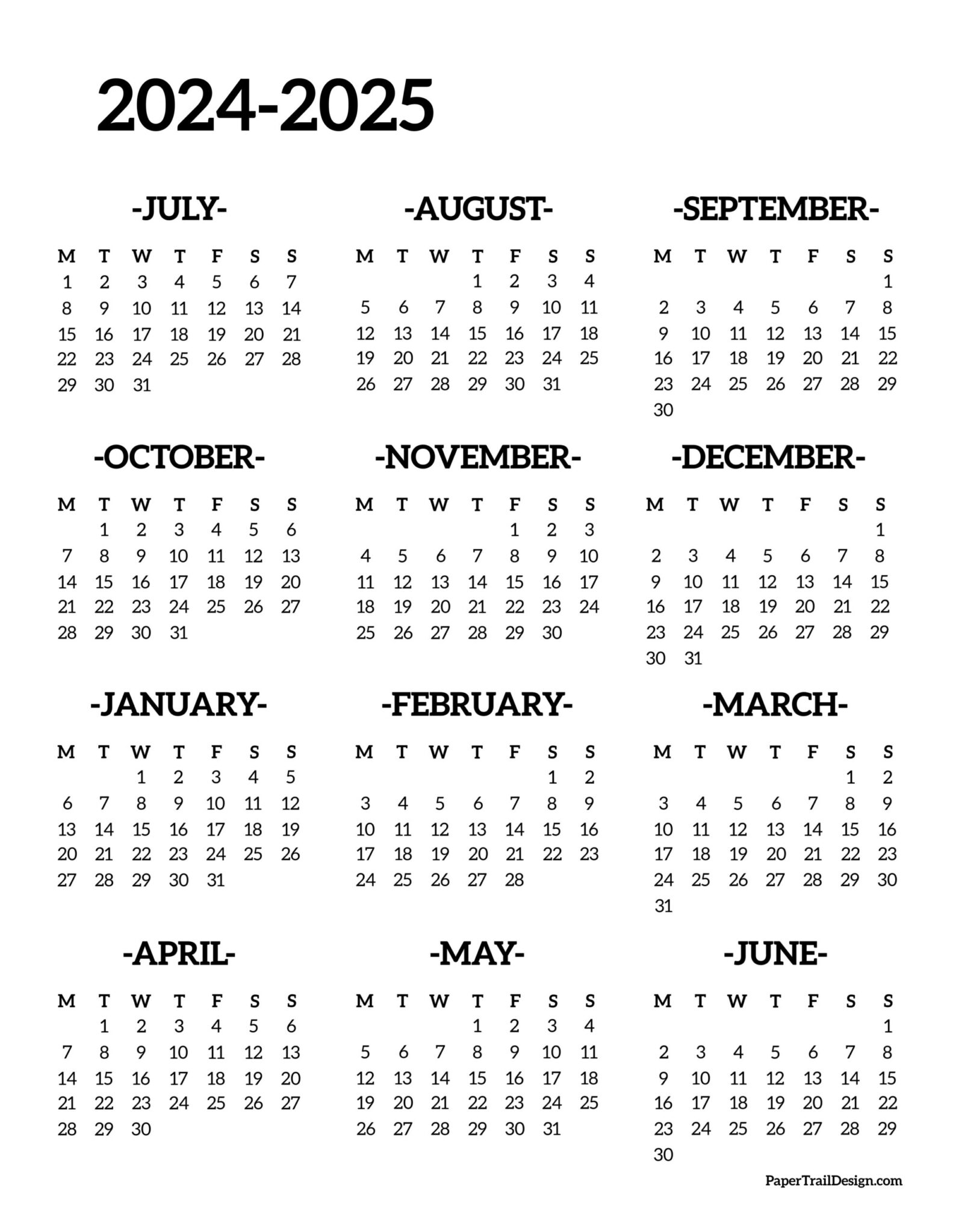 20242025 School Year Calendar Free Printable Paper Trail Design