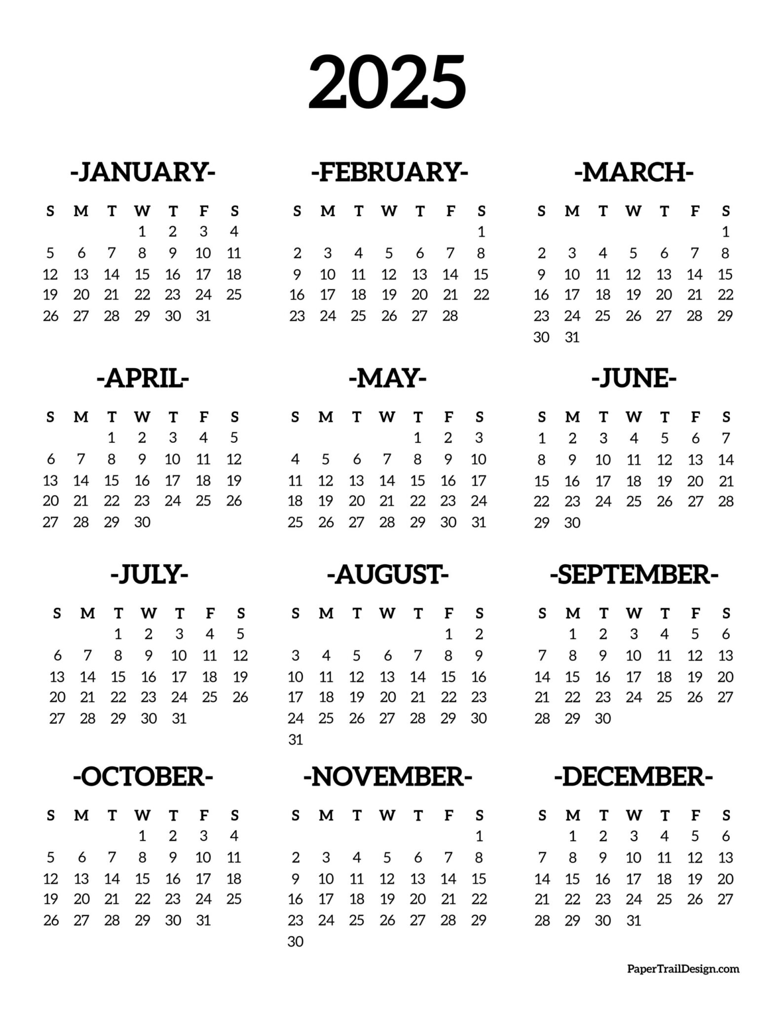 2025 Printable Calendar One Page - Paper Trail Design